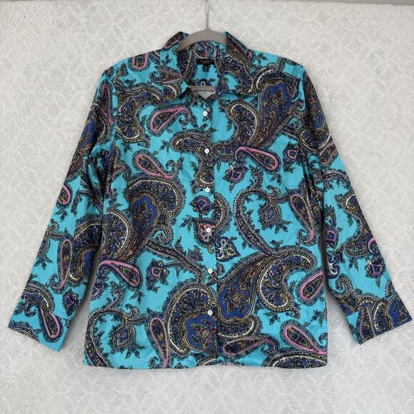 Talbots Button Up Shirt Women 2X Petite Blue Paisley Cotton Stretch Boho Classic - Picture 1 of 14